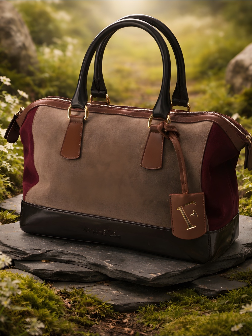 Furla Brown, Olive & Burgundy Suede Leather Satchel